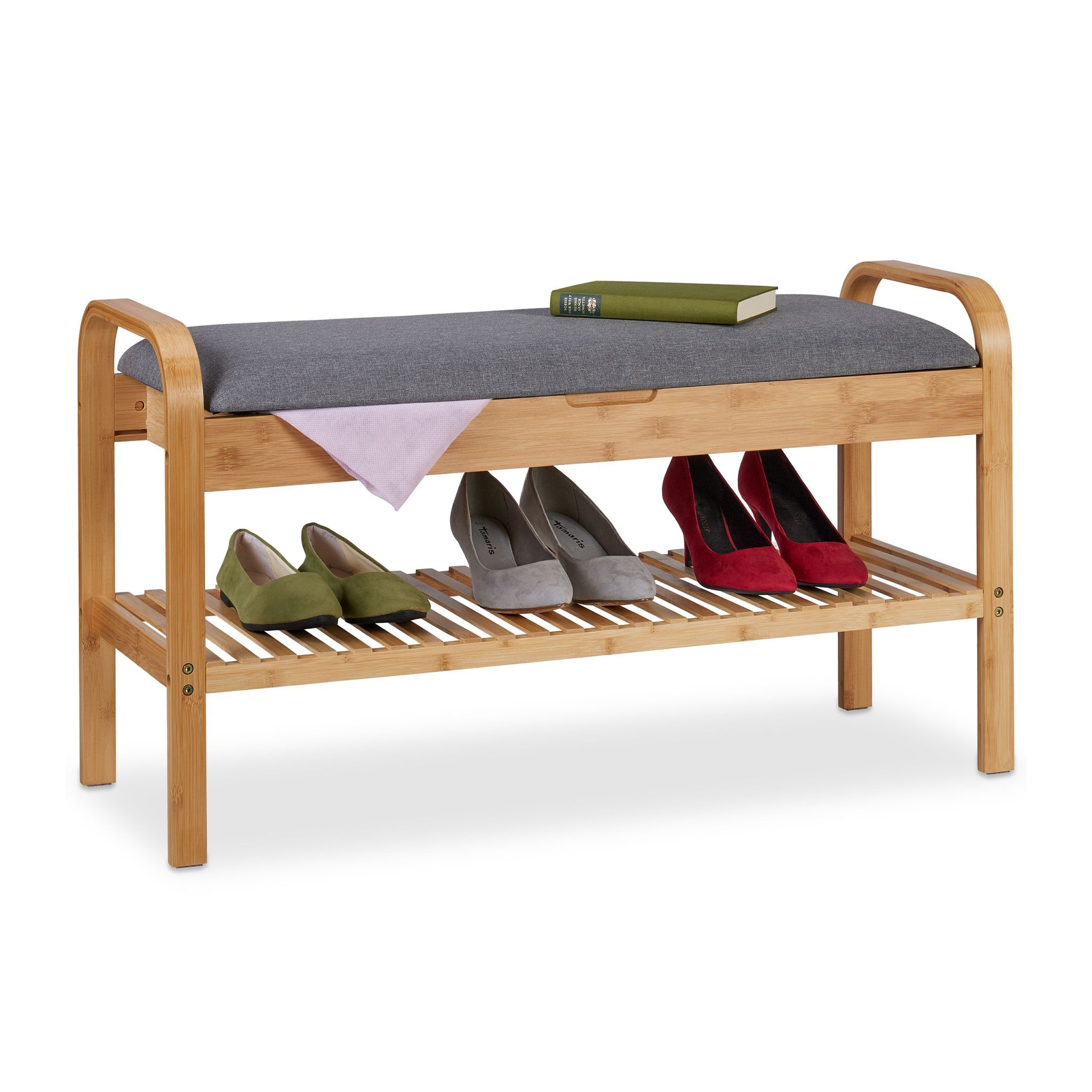 Multi-Functional Bamboo Shoe Bench with Soft Seat Cushion - Perfect for Entryways