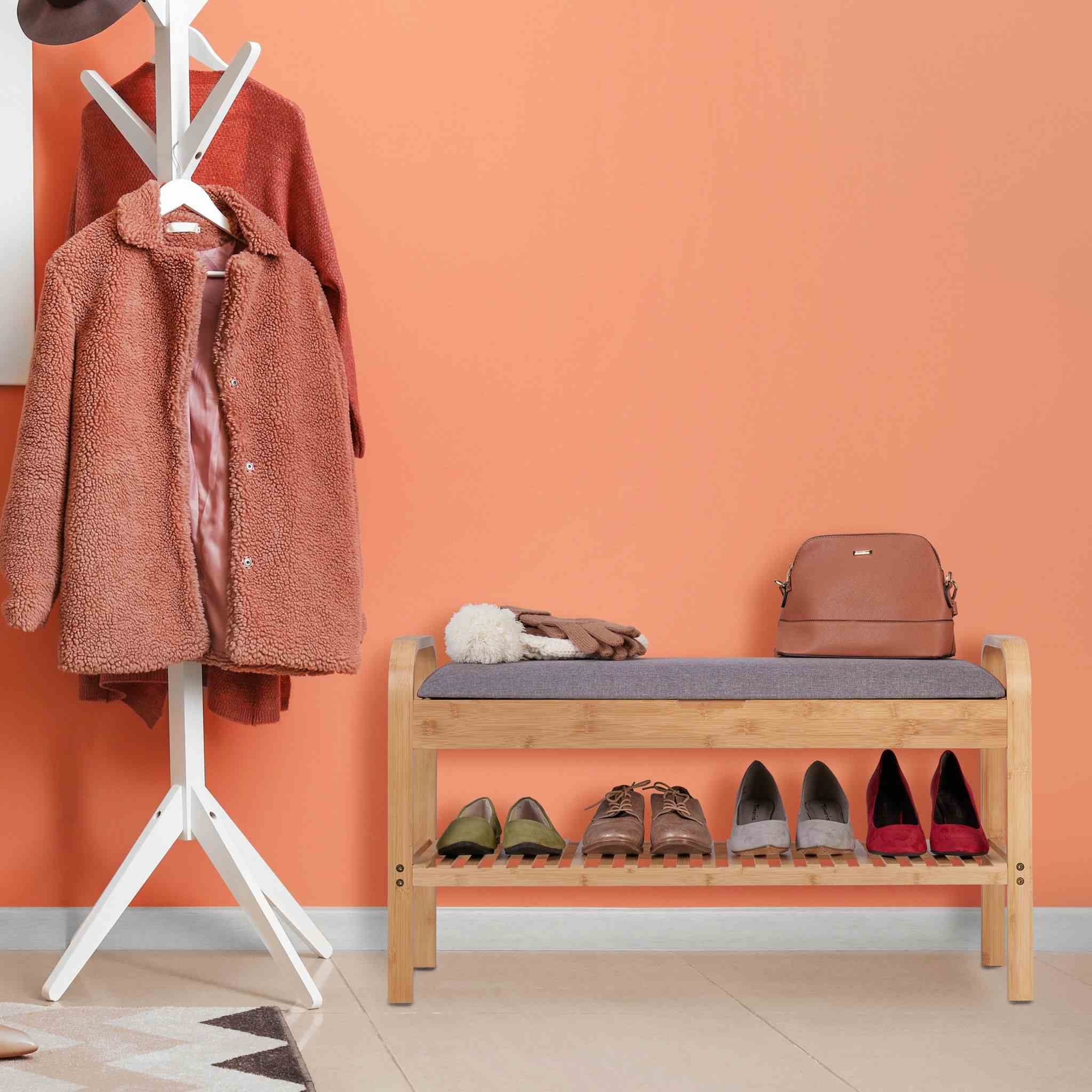 Multi-Functional Bamboo Shoe Bench with Soft Seat Cushion - Perfect for Entryways