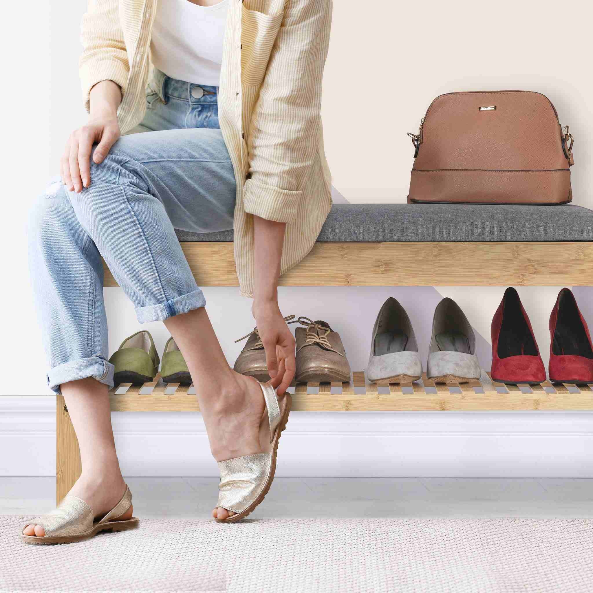 Multi-Functional Bamboo Shoe Bench with Soft Seat Cushion - Perfect for Entryways