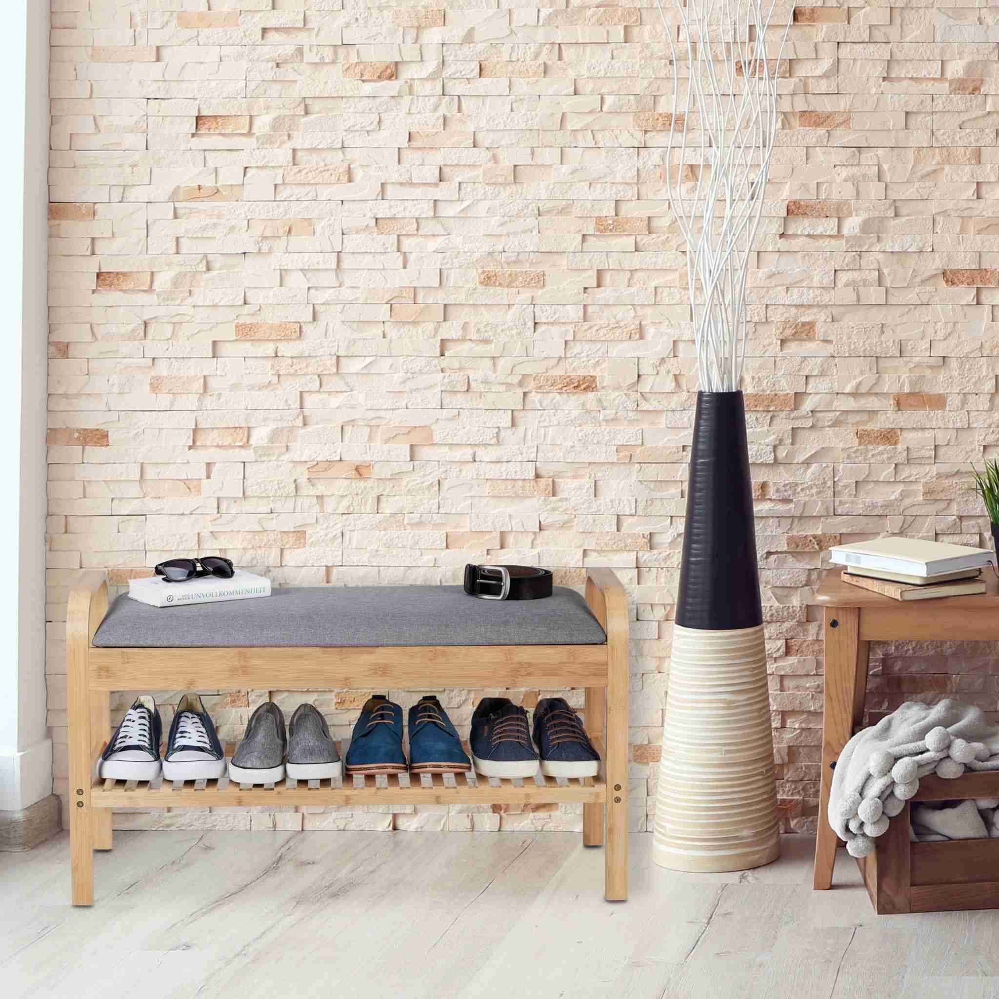 Multi-Functional Bamboo Shoe Bench with Soft Seat Cushion - Perfect for Entryways