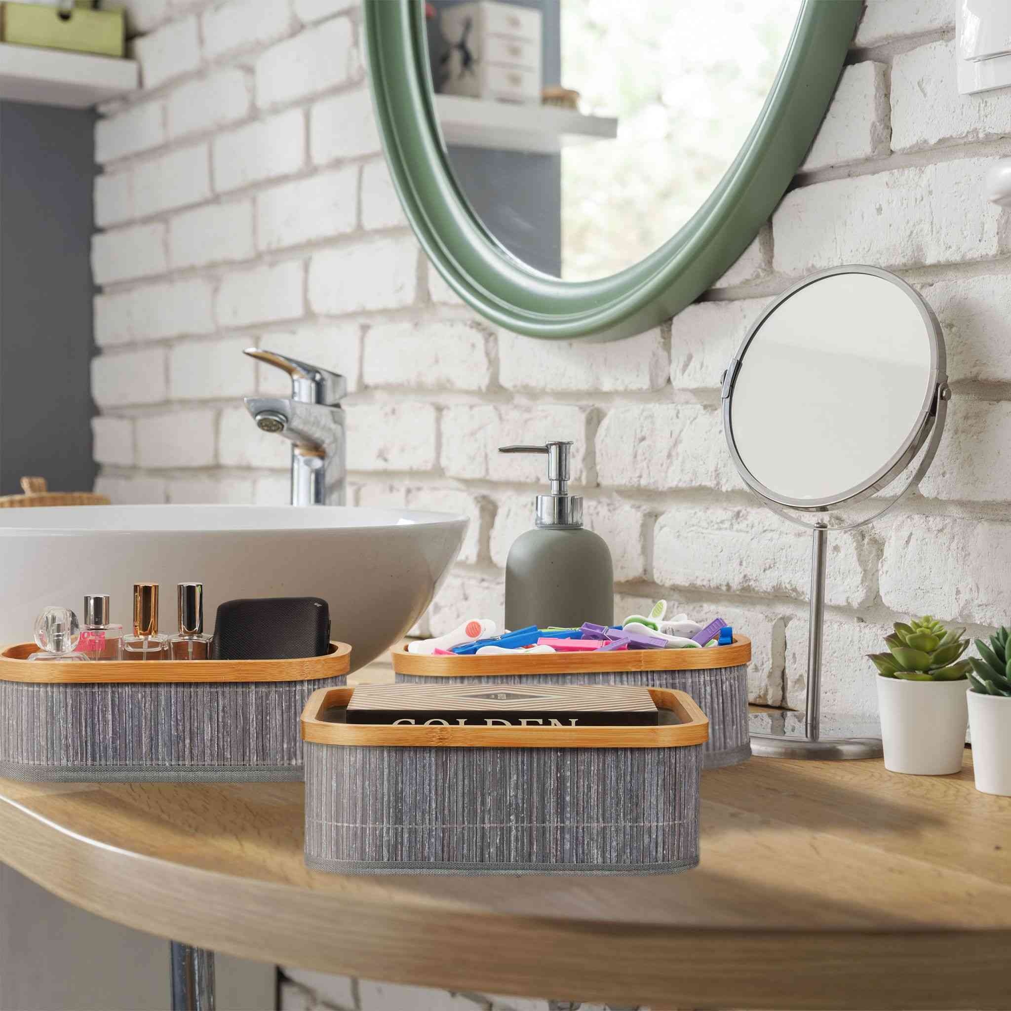 Elevate Your Living Space with Our Versatile Bamboo Storage Baskets – Set of 3, Perfect for Cosmetics, Books, and Clothing | Elegant Grey, Customizable Sizes